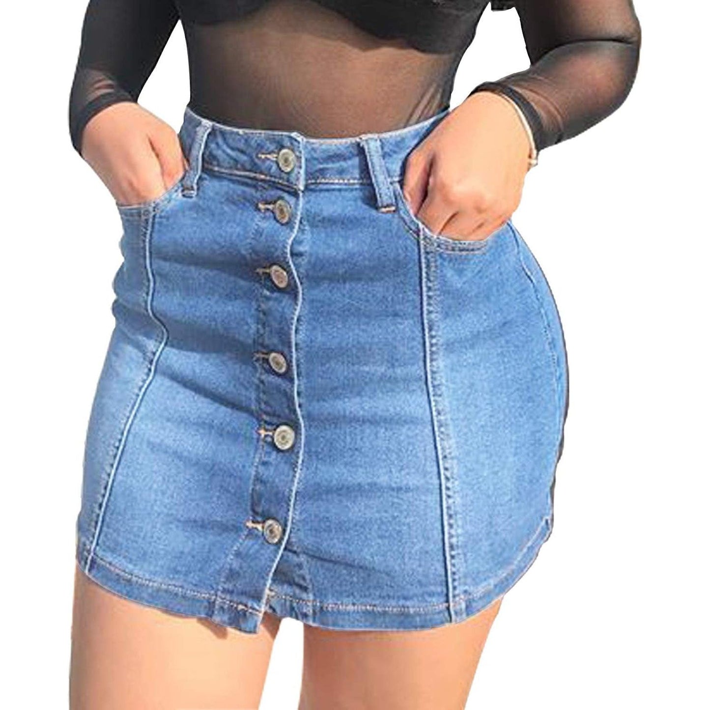 Women'S Button down Front Denim Short Skirt with Side Pocket