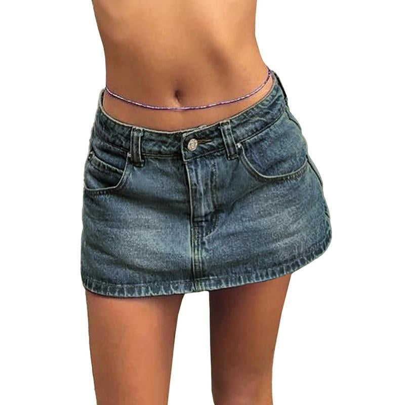 EMMIOL Vintage Blue Fit Denim Mini Jean Skirt for Women - Casual Style, Regular Fit, above Knee, Cotton Material, Multi Belt Loops, No Sheer Material Chic Womenswear