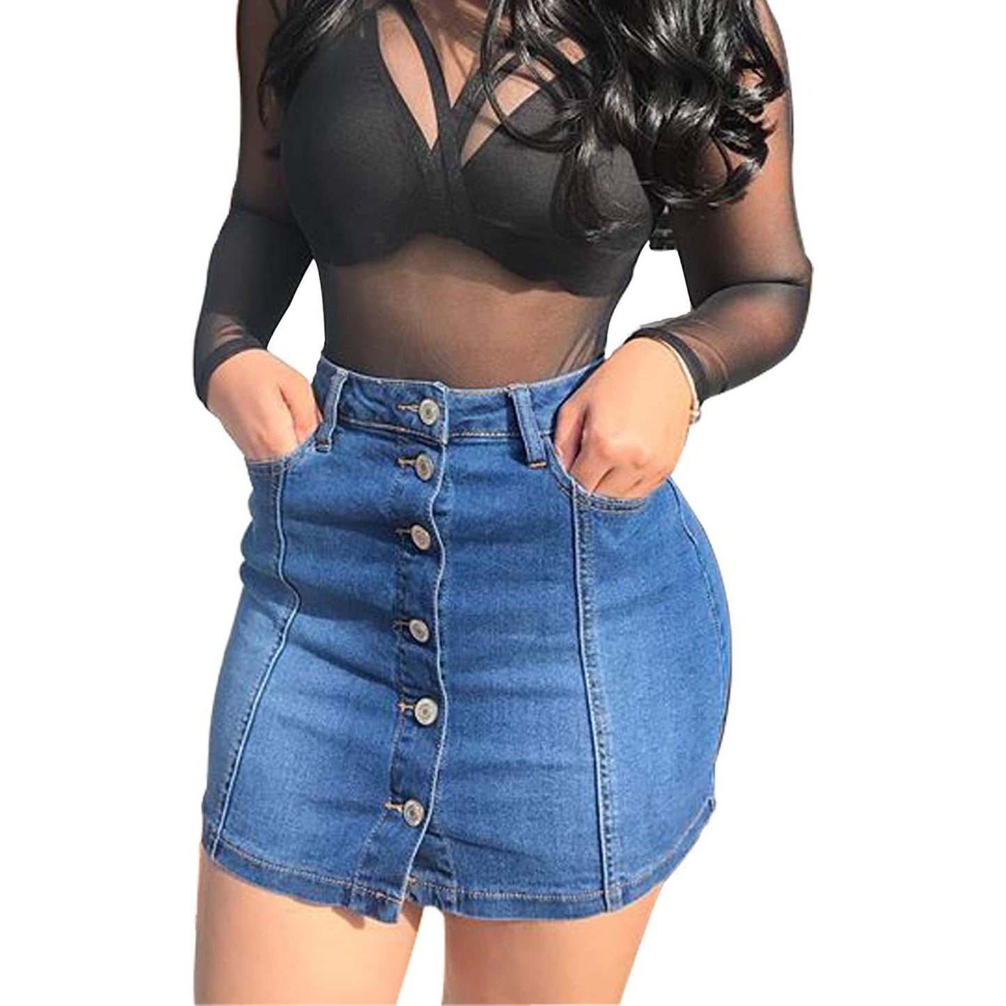 Women'S Button down Front Denim Short Skirt with Side Pocket
