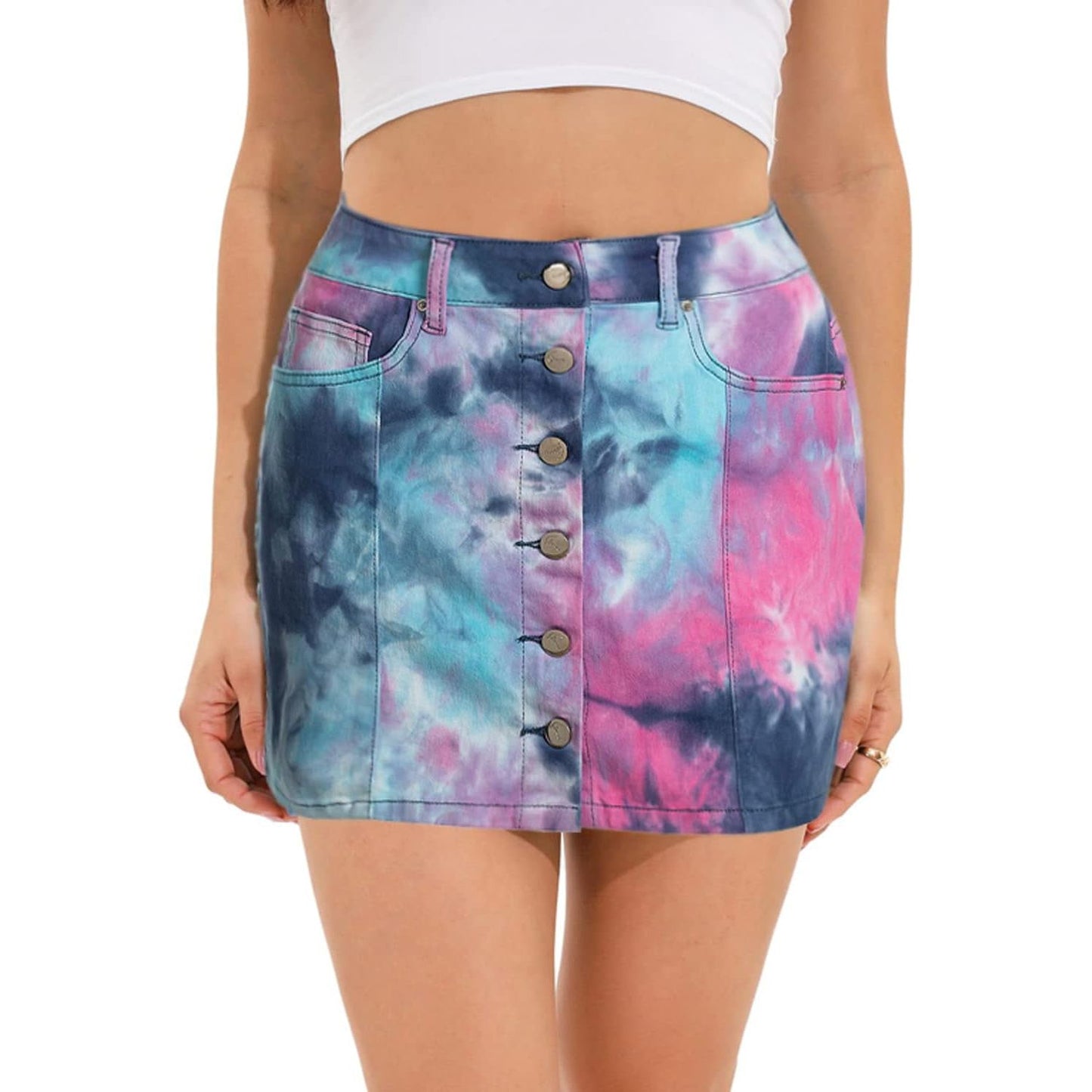 Women'S Button down Front Denim Short Skirt with Side Pocket