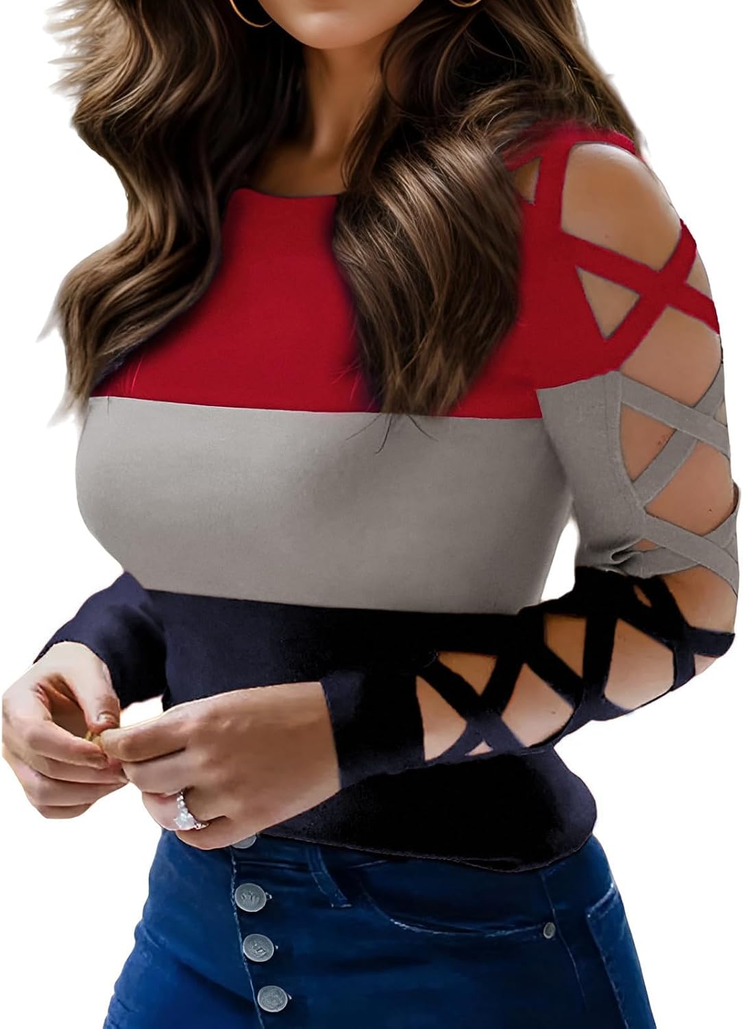 Women'S Sexy Criss-Cross Long Sleeve Blouse Cut Out Cold Shoulder Tops Hollow Out Dressy Casual Basic Shirts