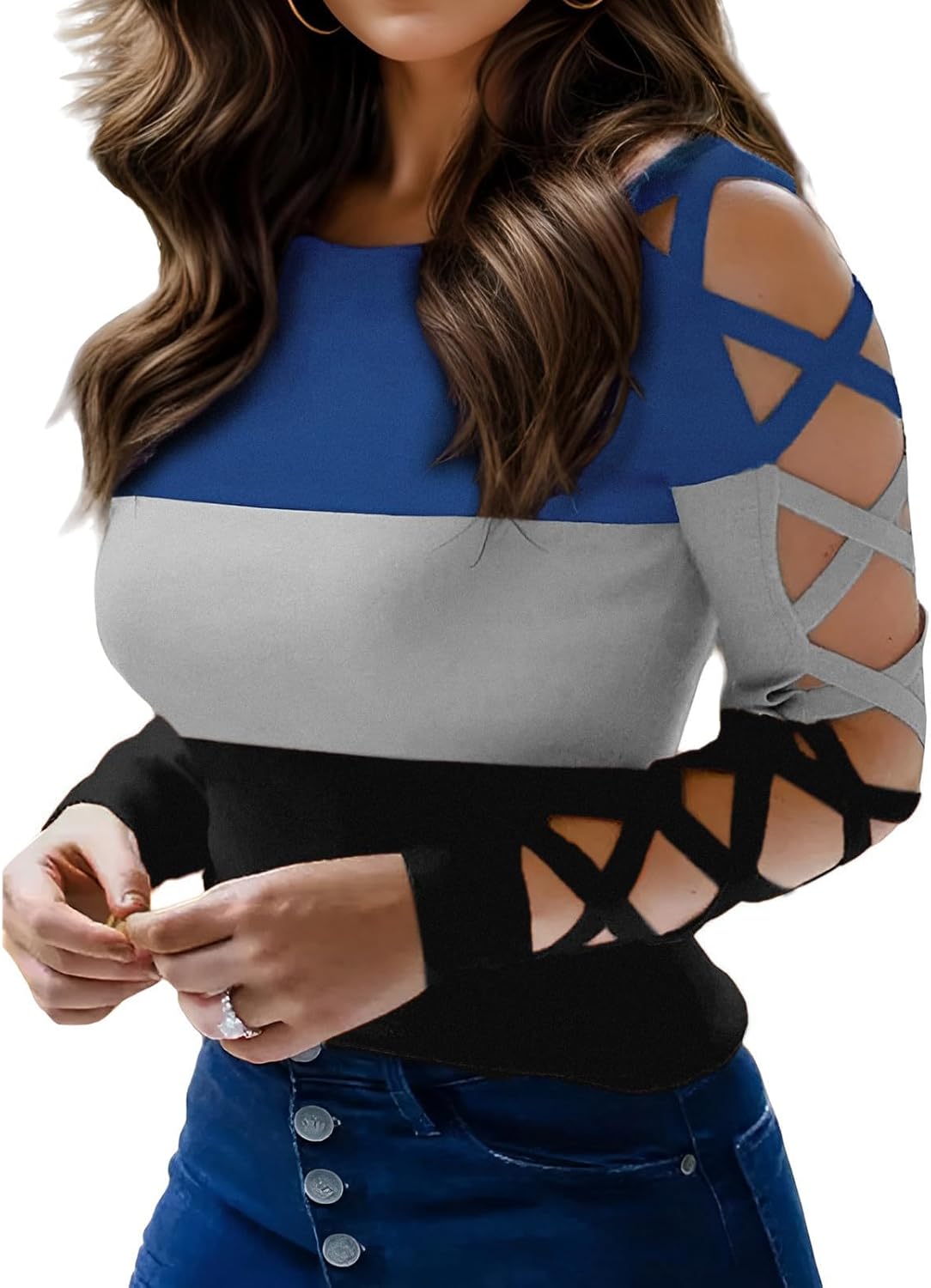 Women'S Sexy Criss-Cross Long Sleeve Blouse Cut Out Cold Shoulder Tops Hollow Out Dressy Casual Basic Shirts