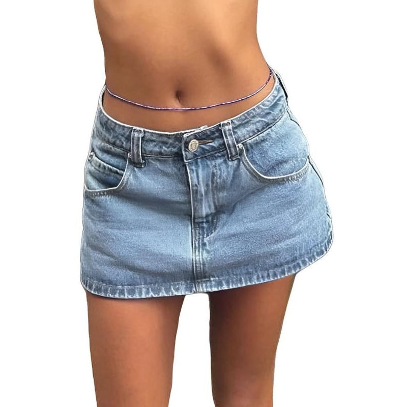 EMMIOL Vintage Blue Fit Denim Mini Jean Skirt for Women - Casual Style, Regular Fit, above Knee, Cotton Material, Multi Belt Loops, No Sheer Material Chic Womenswear