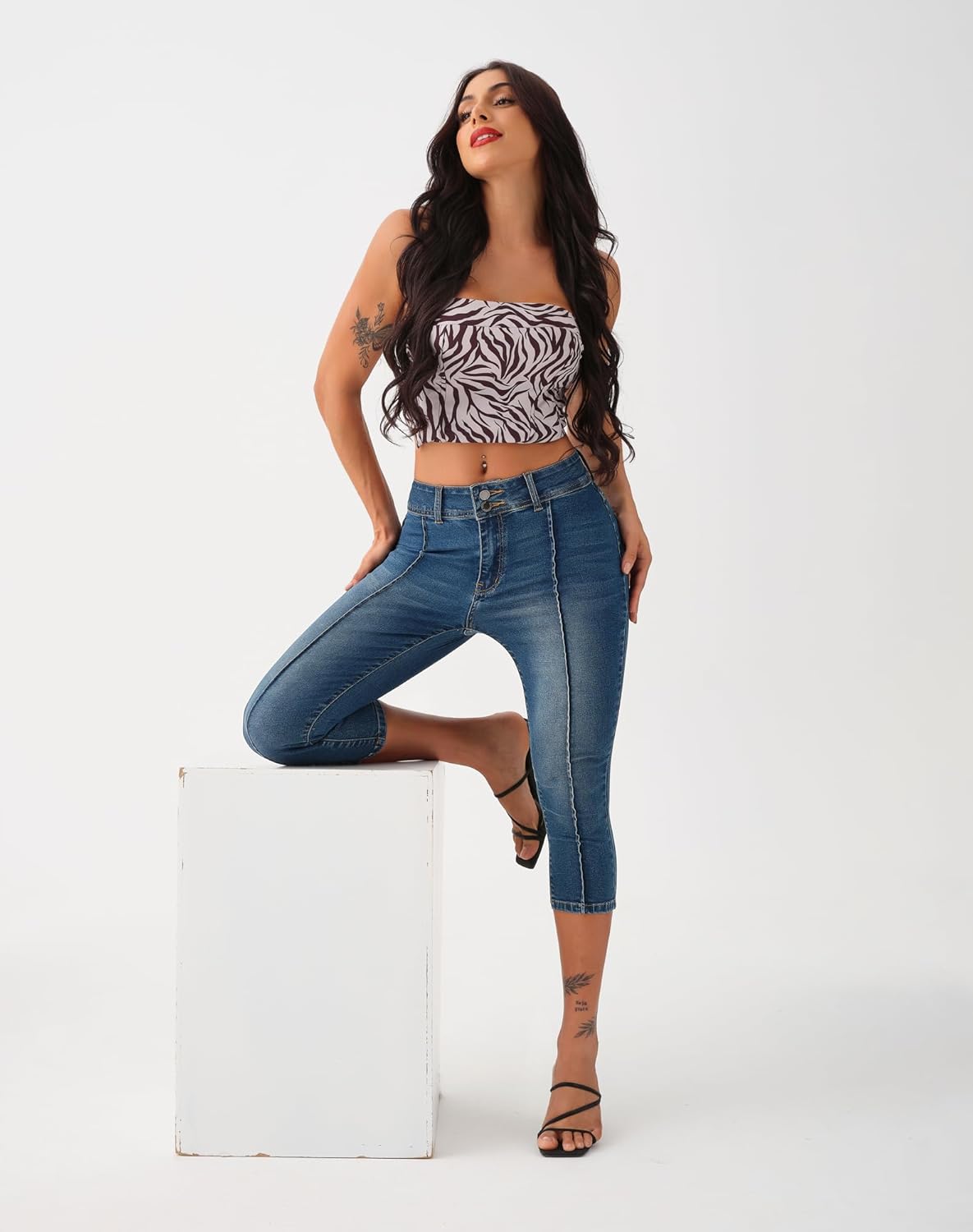 Women’S Capri Pants Trendy Mid Rise Skinny Stretchy Front Seam Denim Jeans