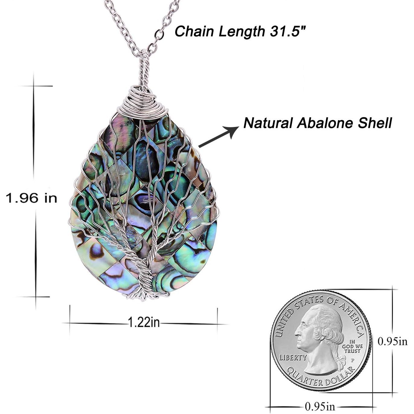 Tear Drop Abalone Shell Pendent Necklace Wire Wrap Abalone Shell Tree of Life Pendant Necklace Fashion Necklace Jewelry for Women Handmade Necklace Mothers Day Necklace for Mom Jewelry