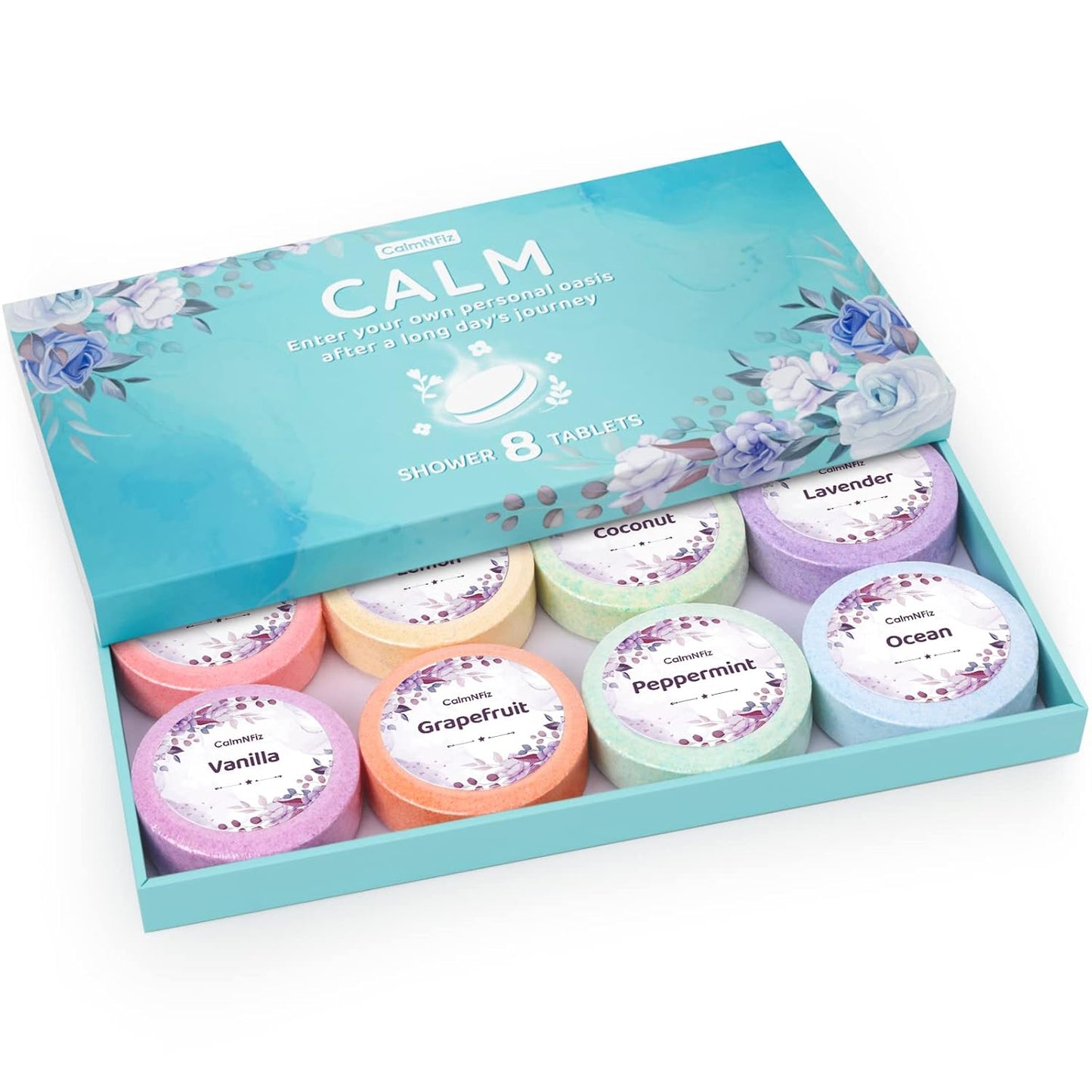 Shower Steamers 8 Pack Set Shower Bombs Tablets in Blue Box with 8 Fragrances with Shea Butter for Self-Care & Relaxation, Idea for Women and Men