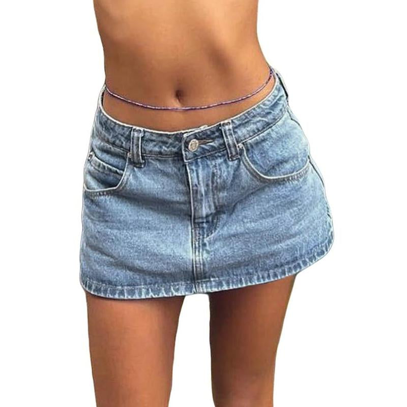 EMMIOL Vintage Blue Fit Denim Mini Jean Skirt for Women - Casual Style, Regular Fit, above Knee, Cotton Material, Multi Belt Loops, No Sheer Material Chic Womenswear