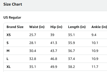 Size chart for US Regular clothing sizes with measurements in inches.