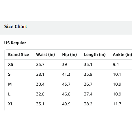 Size chart for US Regular clothing sizes with measurements in inches.