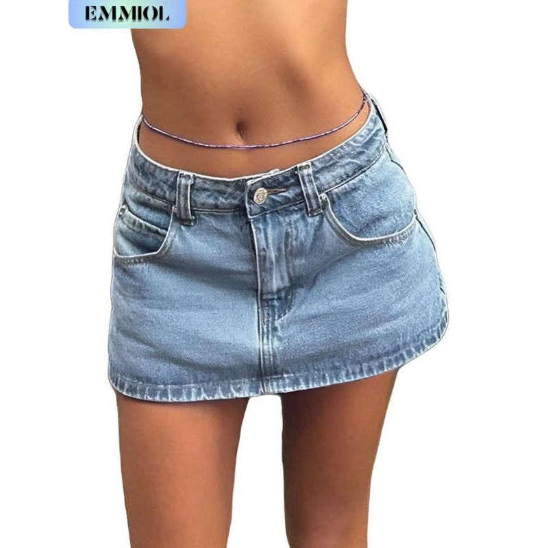 EMMIOL Vintage Blue Fit Denim Mini Jean Skirt for Women - Casual Style, Regular Fit, above Knee, Cotton Material, Multi Belt Loops, No Sheer Material Chic Womenswear