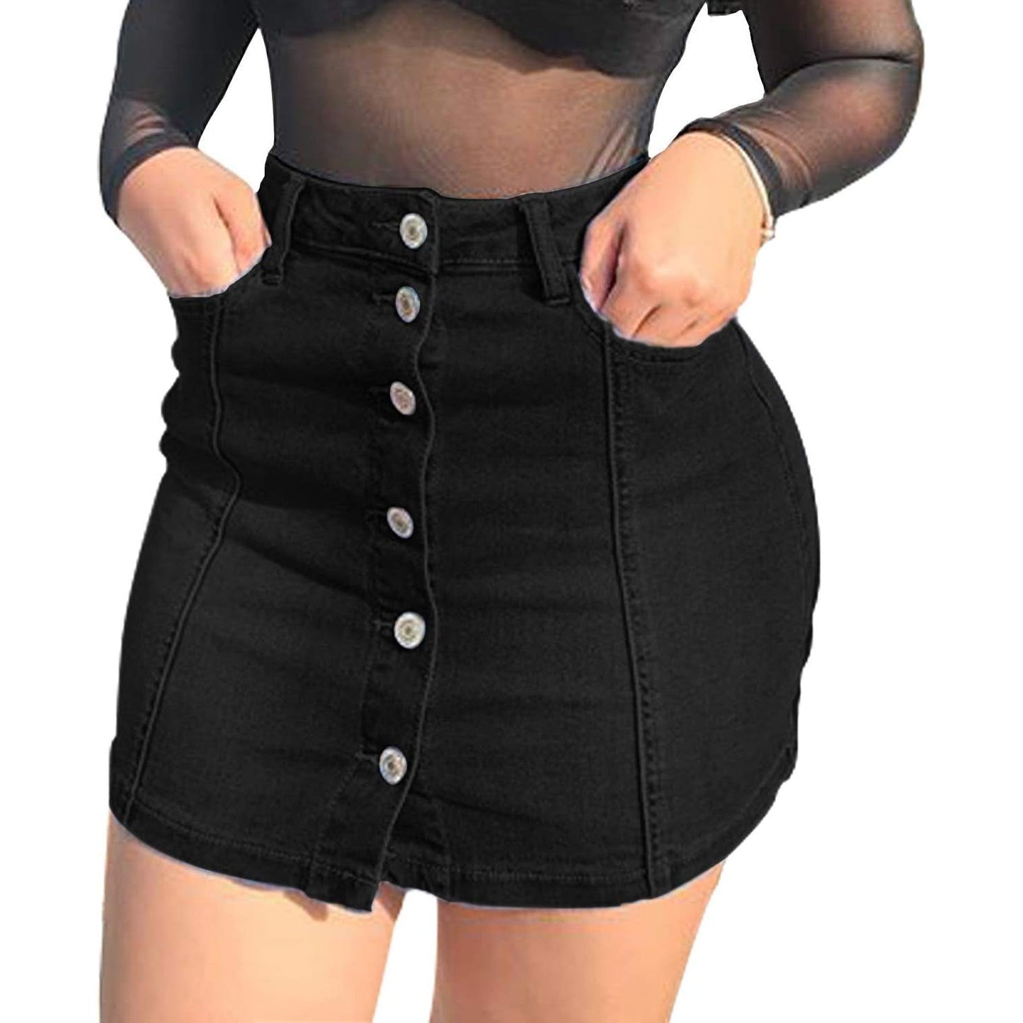 Women'S Button down Front Denim Short Skirt with Side Pocket