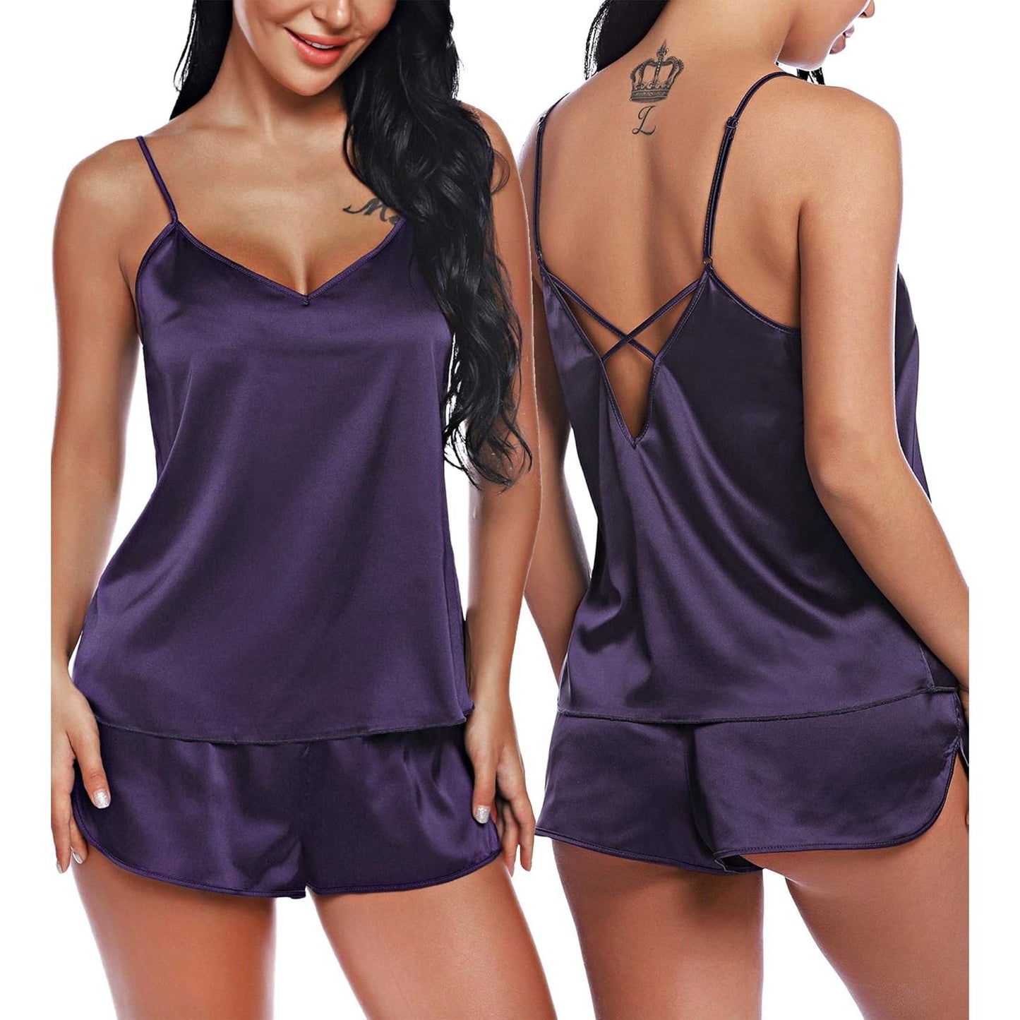 Satin Lingerie Set - Women's V - Neck Cami Shorts Sleepwear - Beauty Oasis - Beauty Oasis