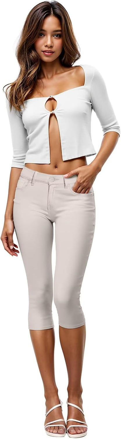 Women'S Ultra Stretch Mid Rise Skinny Capri Pants with Pockets