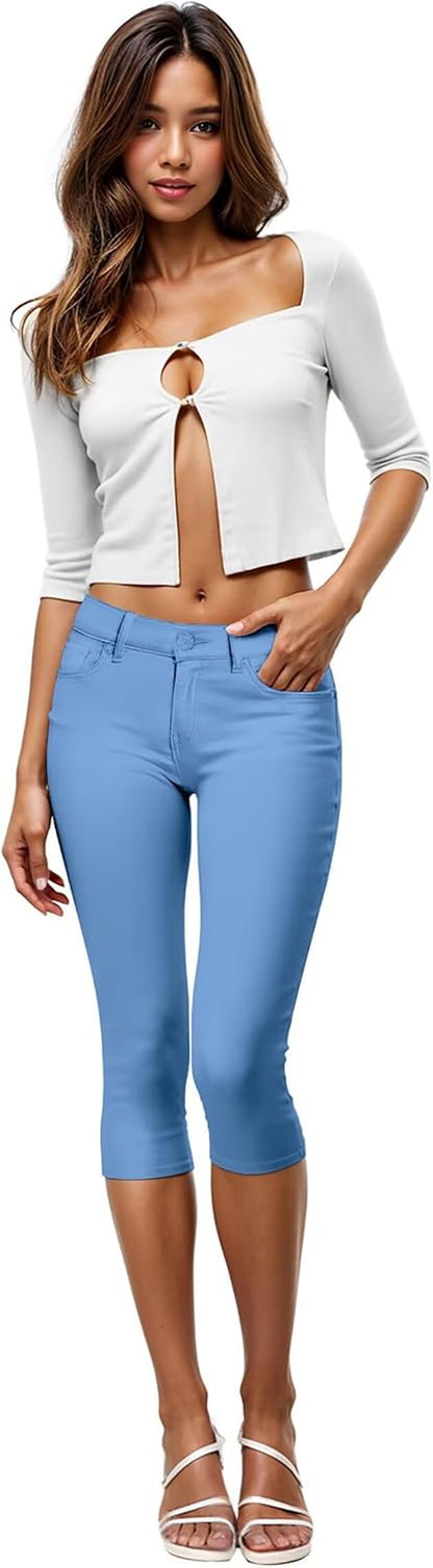 Women'S Ultra Stretch Mid Rise Skinny Capri Pants with Pockets
