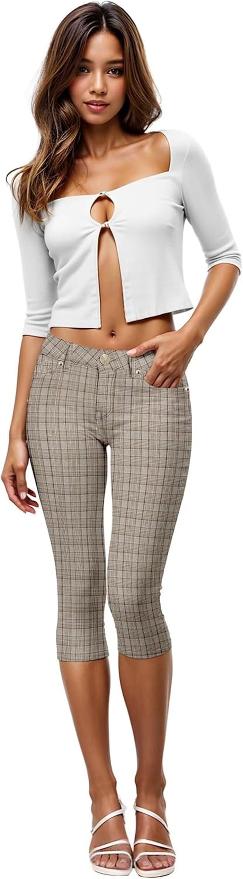 Women'S Ultra Stretch Mid Rise Skinny Capri Pants with Pockets