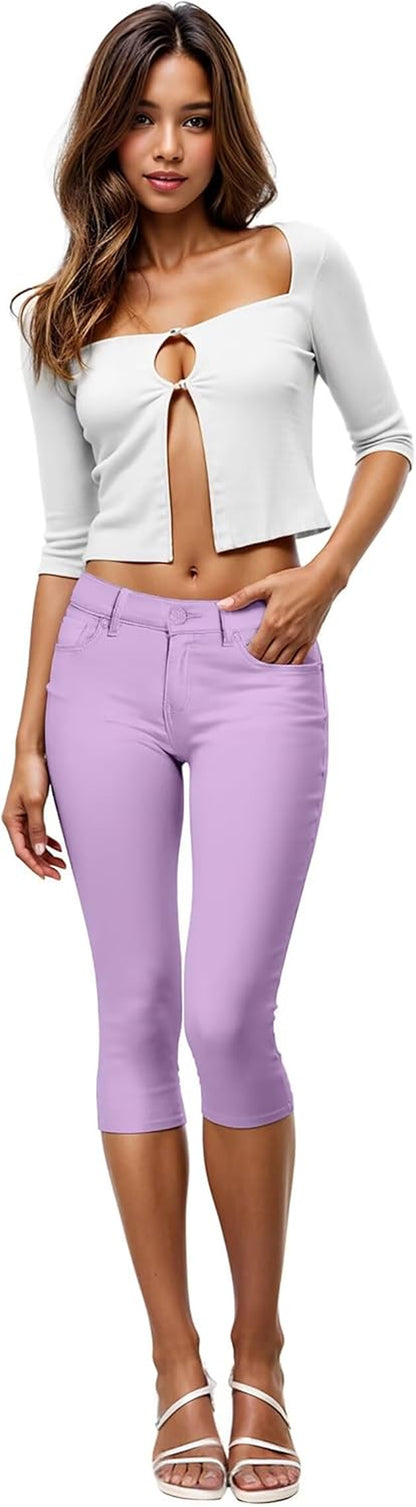 Women'S Ultra Stretch Mid Rise Skinny Capri Pants with Pockets