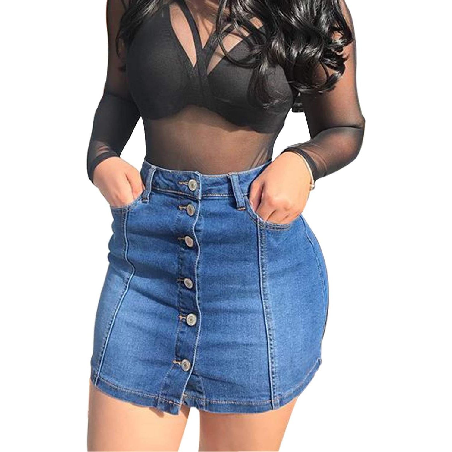 Women'S Button down Front Denim Short Skirt with Side Pocket