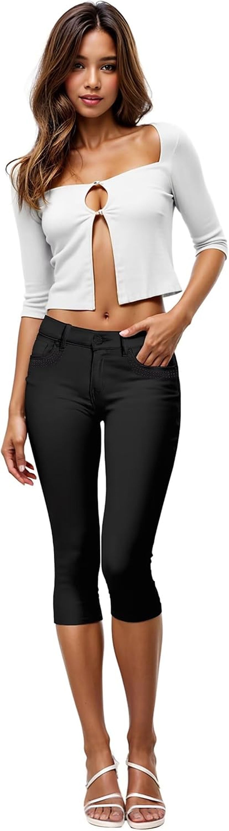 Women'S Ultra Stretch Mid Rise Skinny Capri Pants with Pockets