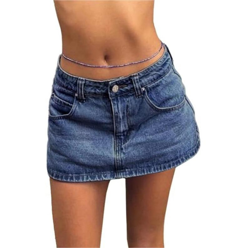 EMMIOL Vintage Blue Fit Denim Mini Jean Skirt for Women - Casual Style, Regular Fit, above Knee, Cotton Material, Multi Belt Loops, No Sheer Material Chic Womenswear
