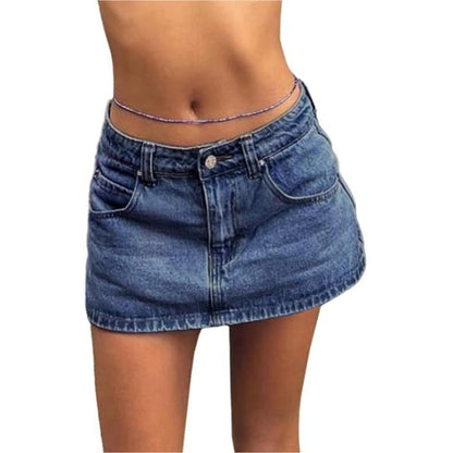 EMMIOL Vintage Blue Fit Denim Mini Jean Skirt for Women - Casual Style, Regular Fit, above Knee, Cotton Material, Multi Belt Loops, No Sheer Material Chic Womenswear