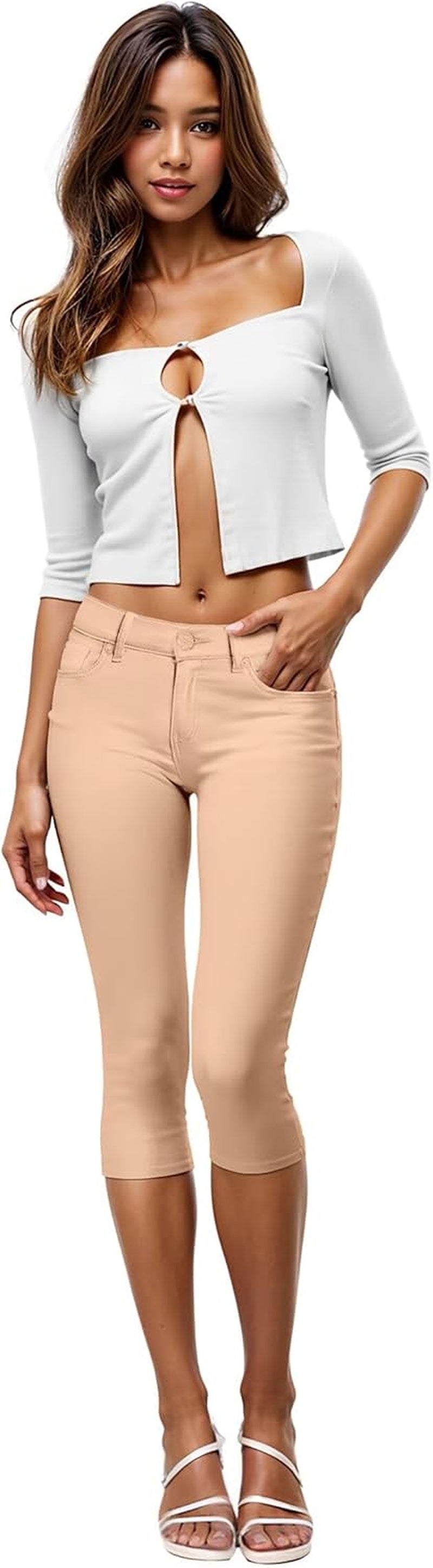 Women'S Ultra Stretch Mid Rise Skinny Capri Pants with Pockets