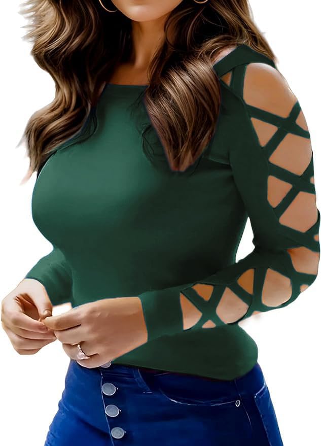 Women'S Sexy Criss-Cross Long Sleeve Blouse Cut Out Cold Shoulder Tops Hollow Out Dressy Casual Basic Shirts