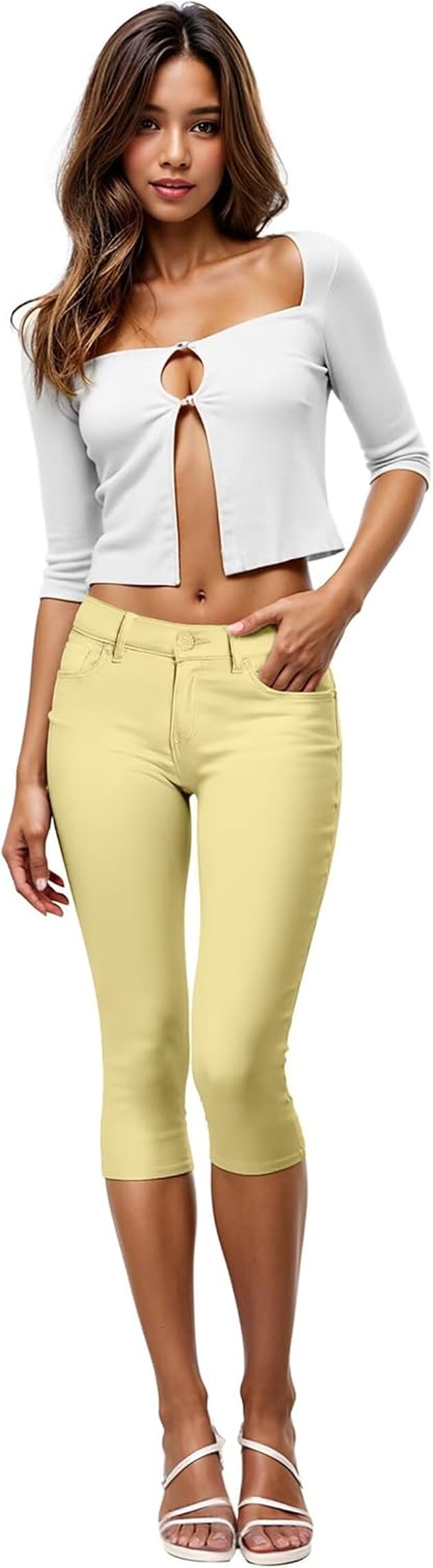 Women'S Ultra Stretch Mid Rise Skinny Capri Pants with Pockets
