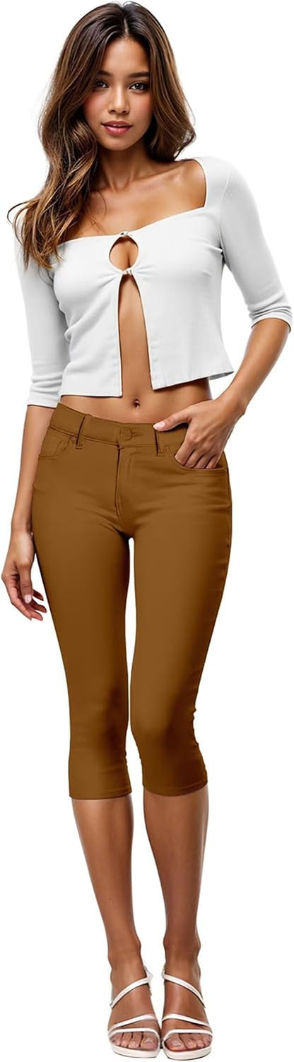 Women'S Ultra Stretch Mid Rise Skinny Capri Pants with Pockets