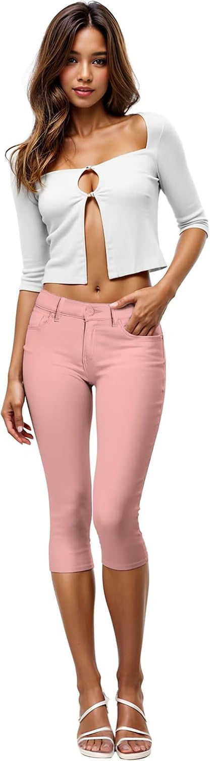 Women'S Ultra Stretch Mid Rise Skinny Capri Pants with Pockets