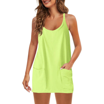 Womens Summer Sleeveless Mini Dress V Neck Spaghetti Strap Sundress Athletic Short Dress with Pockets