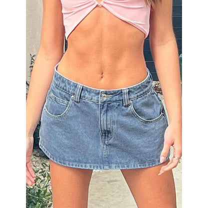 EMMIOL Vintage Blue Fit Denim Mini Jean Skirt for Women - Casual Style, Regular Fit, above Knee, Cotton Material, Multi Belt Loops, No Sheer Material Chic Womenswear