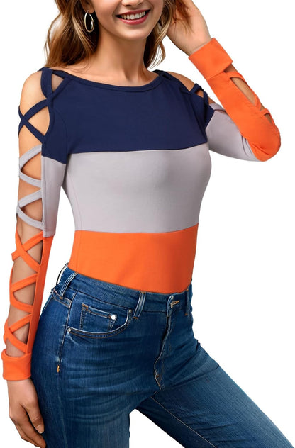 Women'S Sexy Criss-Cross Long Sleeve Blouse Cut Out Cold Shoulder Tops Hollow Out Dressy Casual Basic Shirts