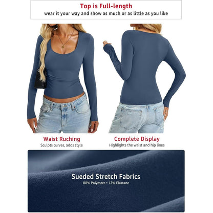 Womens Tight Long Sleeve Shirts Scoop Neck Crop Top Y2K Basic Slim Fit Going Out Fall Fashion Clothes 2025