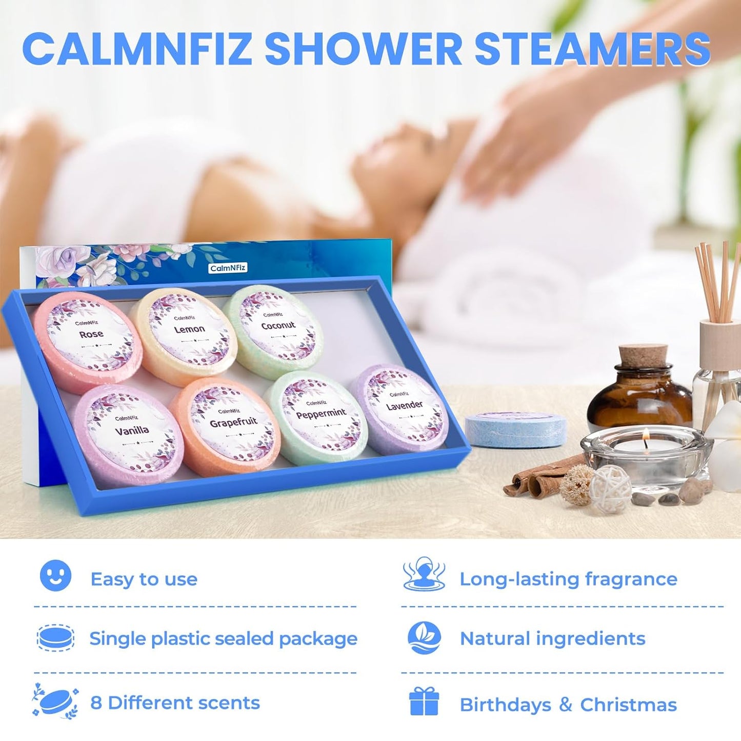 Shower Steamers 8 Pack Set Shower Bombs Tablets in Blue Box with 8 Fragrances with Shea Butter for Self-Care & Relaxation, Idea for Women and Men