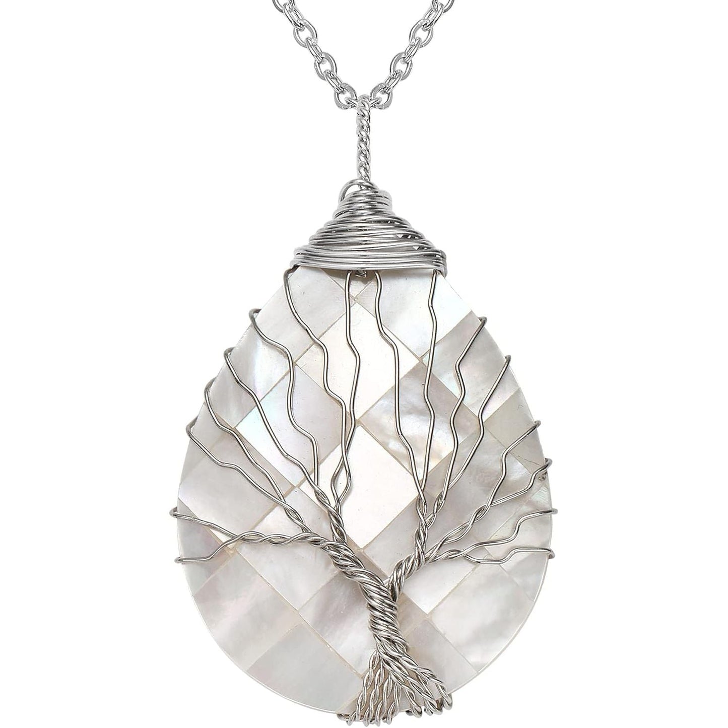 Tear Drop Abalone Shell Pendent Necklace Wire Wrap Abalone Shell Tree of Life Pendant Necklace Fashion Necklace Jewelry for Women Handmade Necklace Mothers Day Necklace for Mom Jewelry