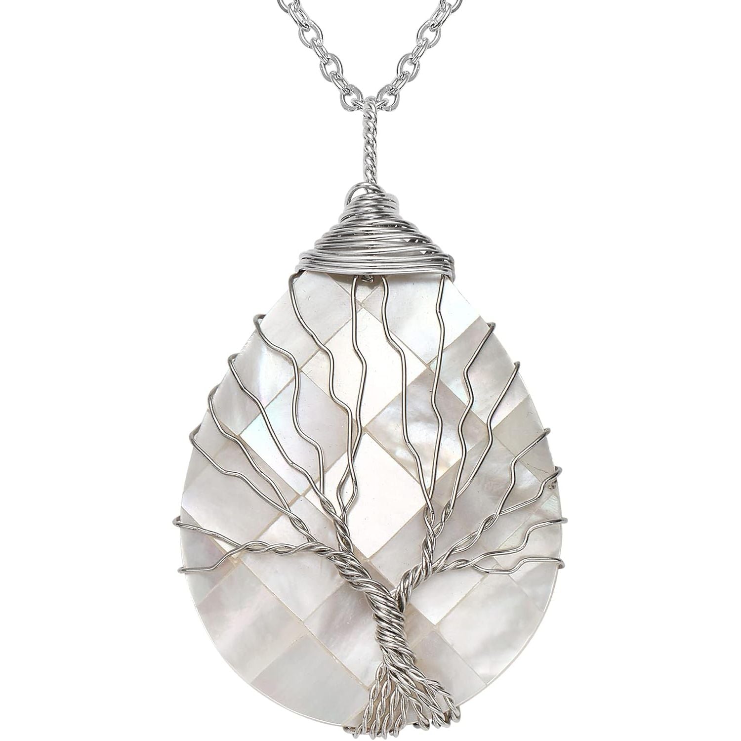 Tear Drop Abalone Shell Pendent Necklace Wire Wrap Abalone Shell Tree of Life Pendant Necklace Fashion Necklace Jewelry for Women Handmade Necklace Mothers Day Necklace for Mom Jewelry