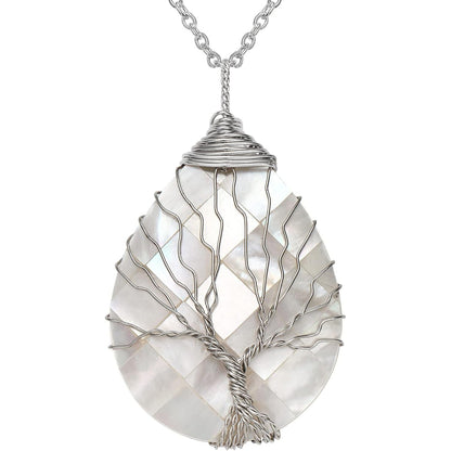 Tear Drop Abalone Shell Pendent Necklace Wire Wrap Abalone Shell Tree of Life Pendant Necklace Fashion Necklace Jewelry for Women Handmade Necklace Mothers Day Necklace for Mom Jewelry
