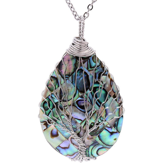 Tear Drop Abalone Shell Pendent Necklace Wire Wrap Abalone Shell Tree of Life Pendant Necklace Fashion Necklace Jewelry for Women Handmade Necklace Mothers Day Necklace for Mom Jewelry