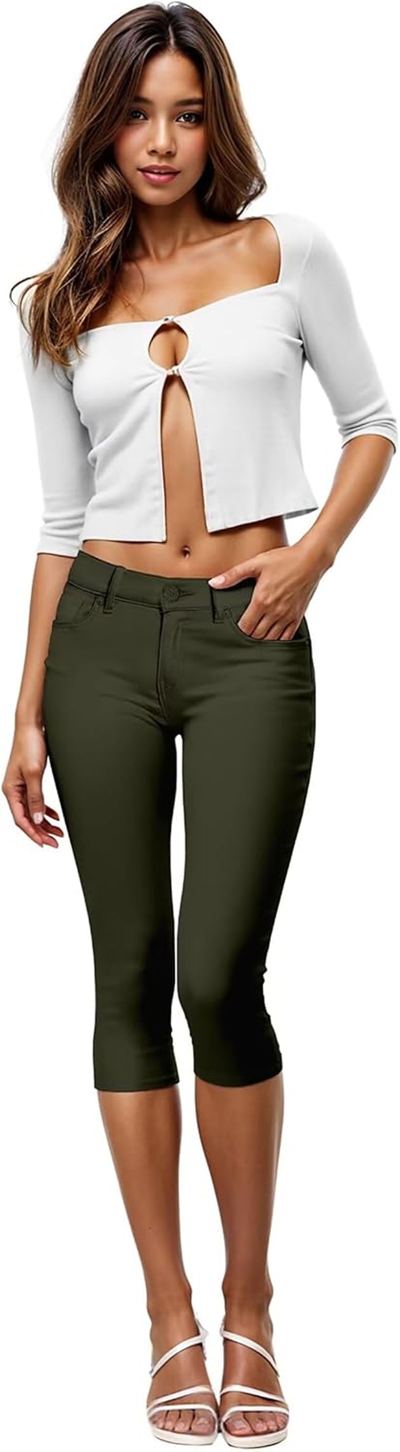 Women'S Ultra Stretch Mid Rise Skinny Capri Pants with Pockets