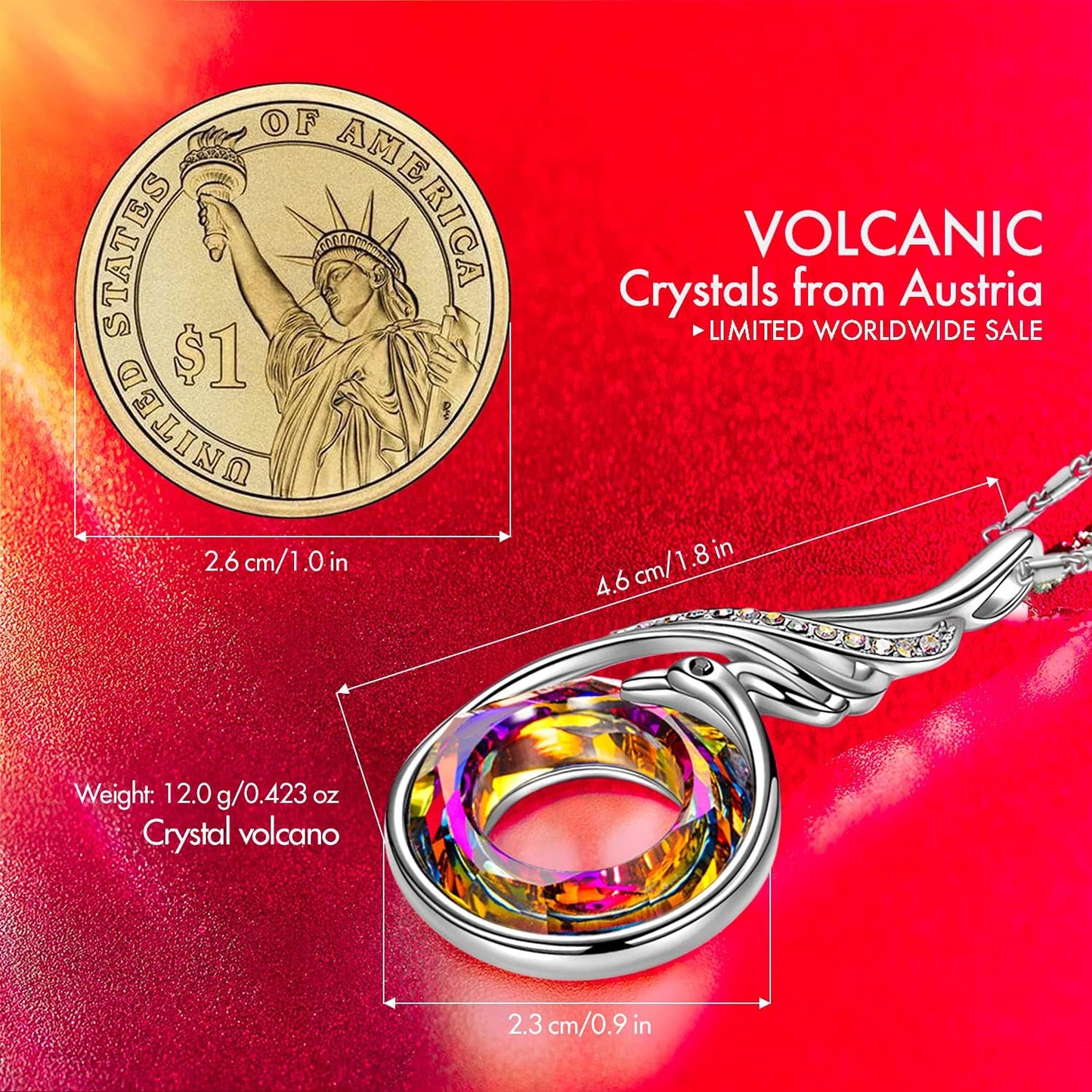 "Rise from the Ashes Phoenix Necklace Made with Crystals from Austria, 18"+2" Necklace, Packaged with Jewelry Box, Birthday Gift for Women, Symbol of Luck and Renewal
