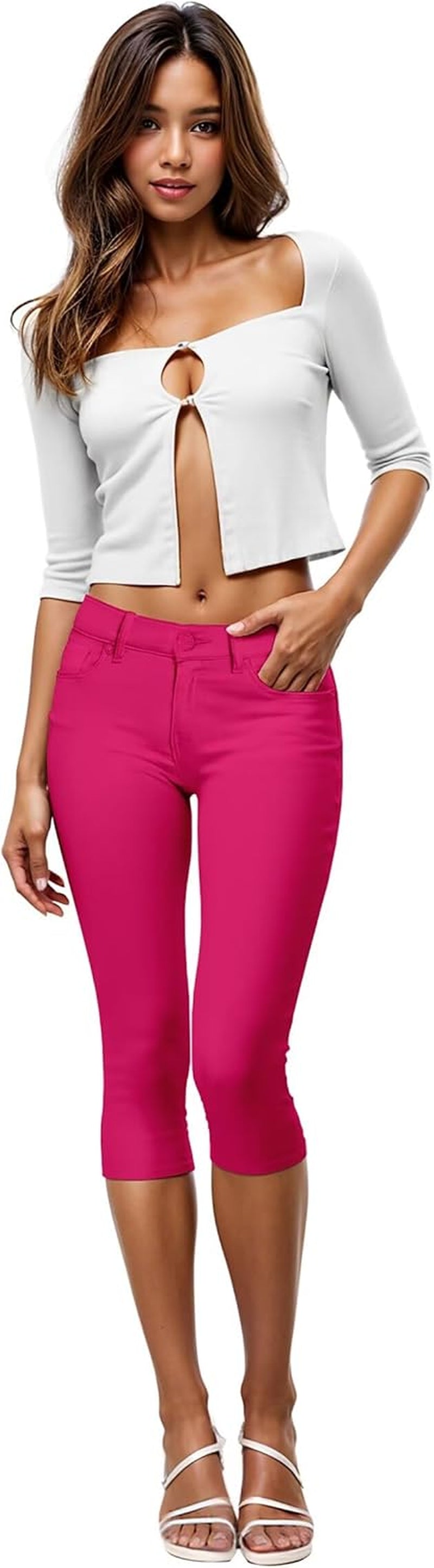 Women'S Ultra Stretch Mid Rise Skinny Capri Pants with Pockets