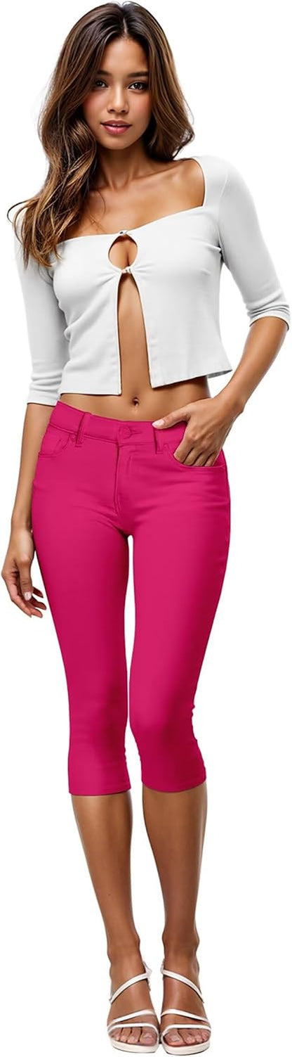 Women'S Ultra Stretch Mid Rise Skinny Capri Pants with Pockets