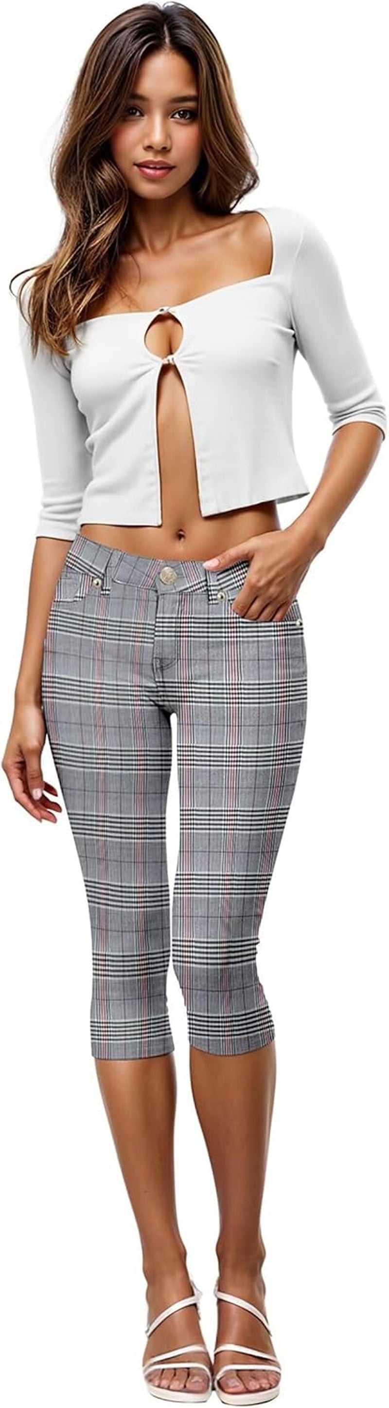 Women'S Ultra Stretch Mid Rise Skinny Capri Pants with Pockets