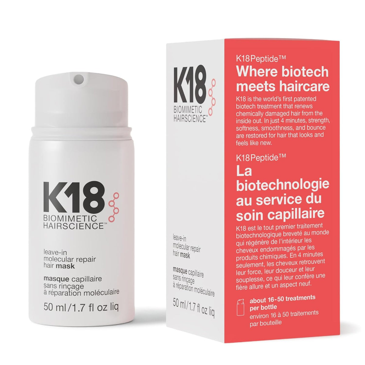 K18 Leave-In Molecular Repair Hair Mask, Patented, Lasting Repair for Dry, Frizzy, Damaged Hair, Reverse Damage in 4 Minutes from Bleach, Color, Chemical Services + Heat