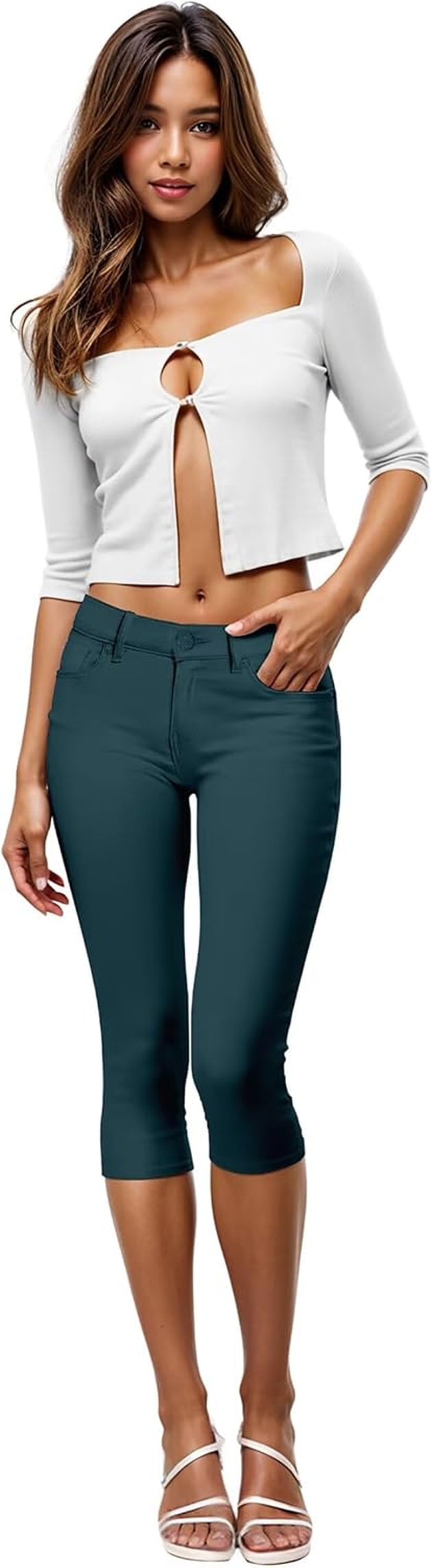 Women'S Ultra Stretch Mid Rise Skinny Capri Pants with Pockets