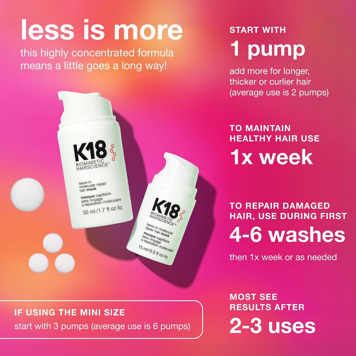 K18 Leave-In Molecular Repair Hair Mask, Patented, Lasting Repair for Dry, Frizzy, Damaged Hair, Reverse Damage in 4 Minutes from Bleach, Color, Chemical Services + Heat