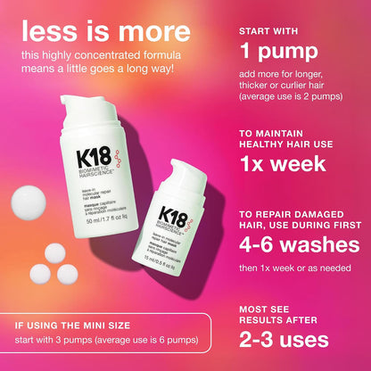 K18 Leave-In Molecular Repair Hair Mask, Patented, Lasting Repair for Dry, Frizzy, Damaged Hair, Reverse Damage in 4 Minutes from Bleach, Color, Chemical Services + Heat