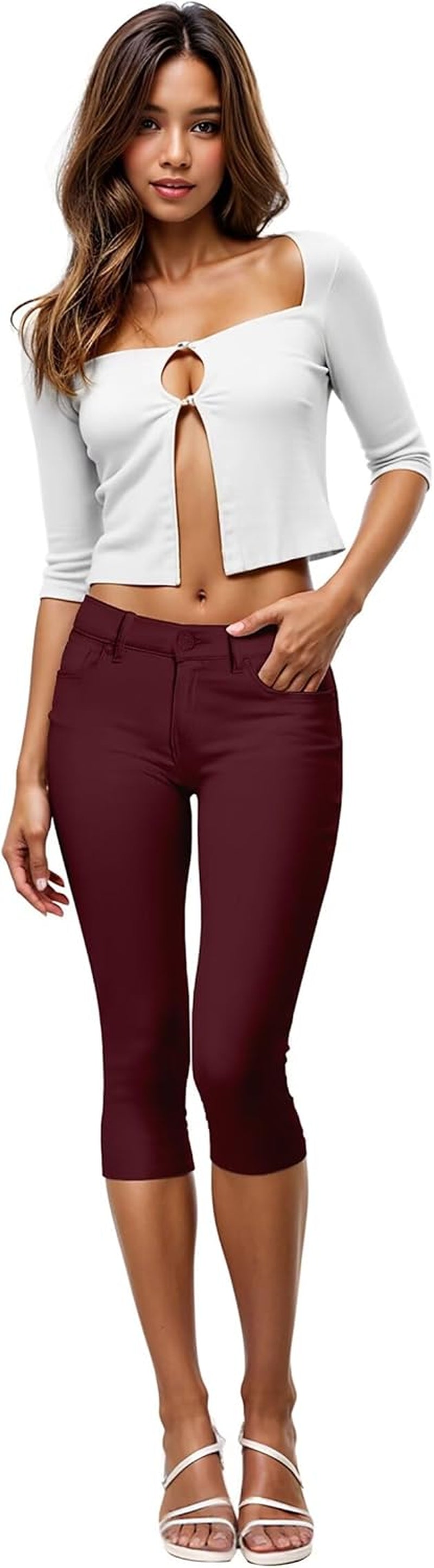 Women'S Ultra Stretch Mid Rise Skinny Capri Pants with Pockets