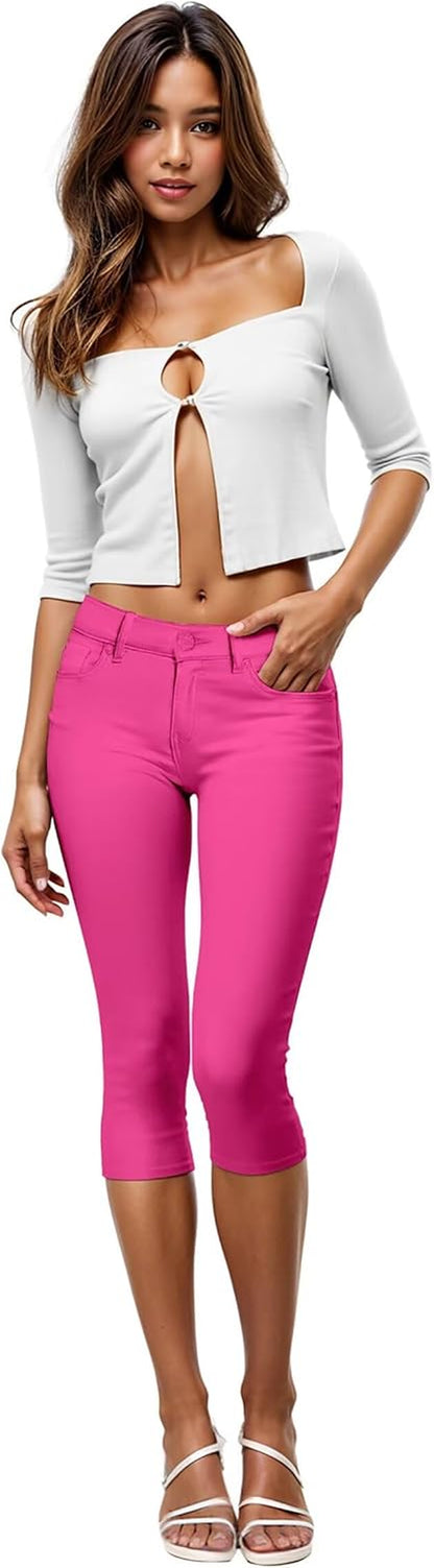 Women'S Ultra Stretch Mid Rise Skinny Capri Pants with Pockets