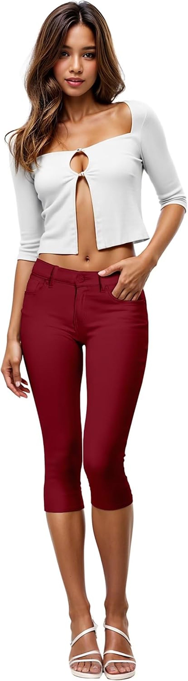 Women'S Ultra Stretch Mid Rise Skinny Capri Pants with Pockets